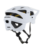 Alpinestars Vector Tech Solid Helmet, open-face MTB helmet, White Matt and Glossy finish, featuring large ventilation ports with yellow Mips liner visible, black Alpinestars branding on rear, and adjustable black chin strap, professional mountain bike protection