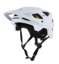 Alpinestars Vector Tech Solid Helmet, MTB Mountain Bike Helmet, White Matt and Glossy, featuring an angular design with multiple air vents, black adjustable chin straps, yellow Mips interior padding, and an adjustable front visor