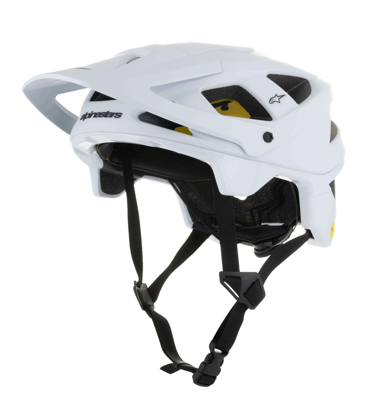 Alpinestars Vector Tech Solid Helmet, MTB Mountain Bike Helmet, White Matt and Glossy, featuring an angular design with multiple air vents, black adjustable chin straps, yellow Mips interior padding, and an adjustable front visor