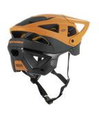 Alpinestars Vector Tech Zeal Helmet, MTB Helmet, Black and Dark Gold, rear-side view showing multiple ventilation ports, adjustable visor, and secure black chin strap, protective mountain bike gear with Alpinestars branding