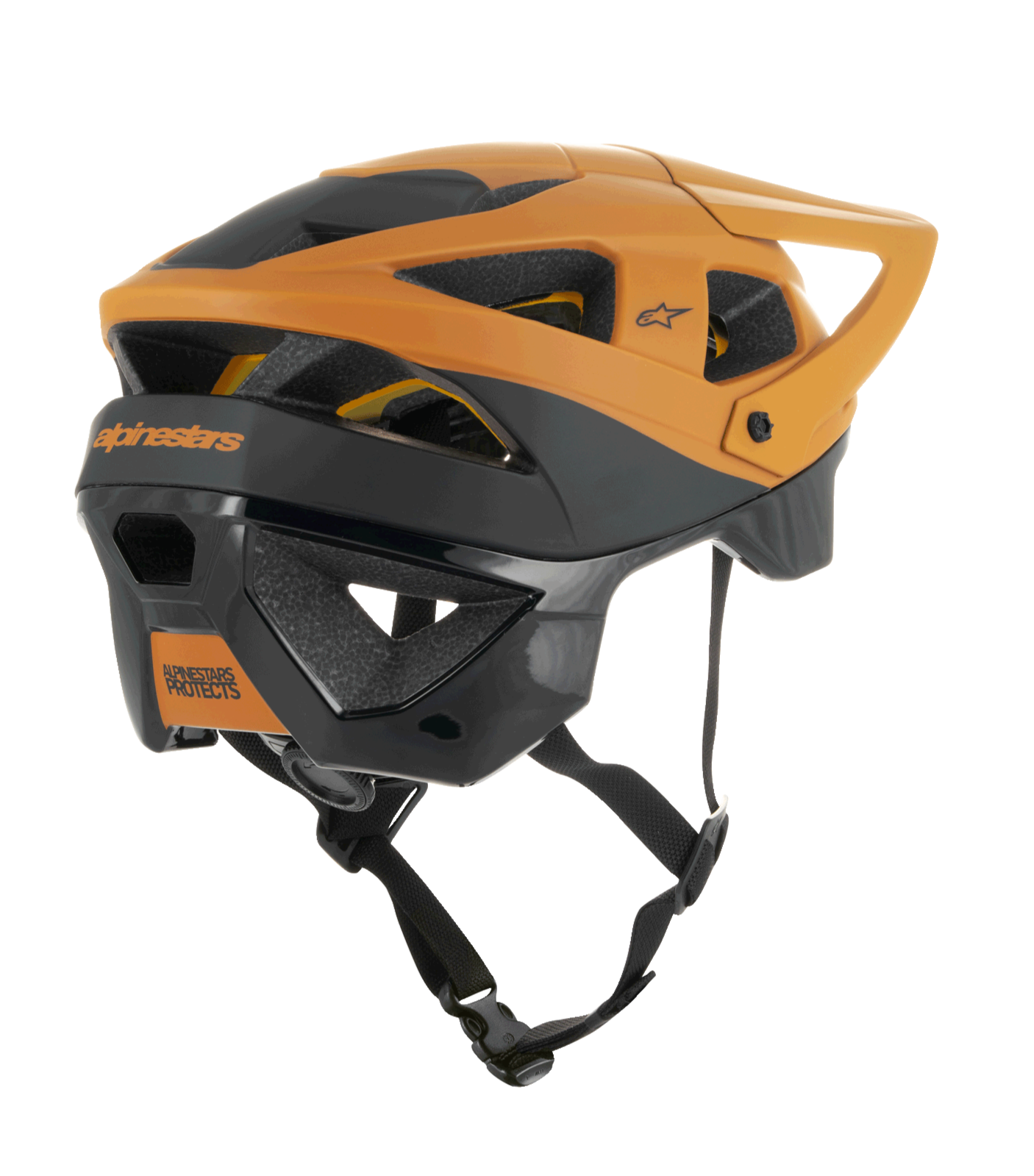 Alpinestars Vector Tech Zeal Helmet, MTB Helmet, Black and Dark Gold, rear-side view showing multiple ventilation ports, adjustable visor, and secure black chin strap, protective mountain bike gear with Alpinestars branding