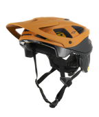Alpinestars Vector Tech Zeal Helmet, MTB Mountain Biking Helmet, Orange and Black with yellow Mips logo, featuring a large front visor, multiple ventilation ports, and an adjustable chin strap, designed for off-road trail protection