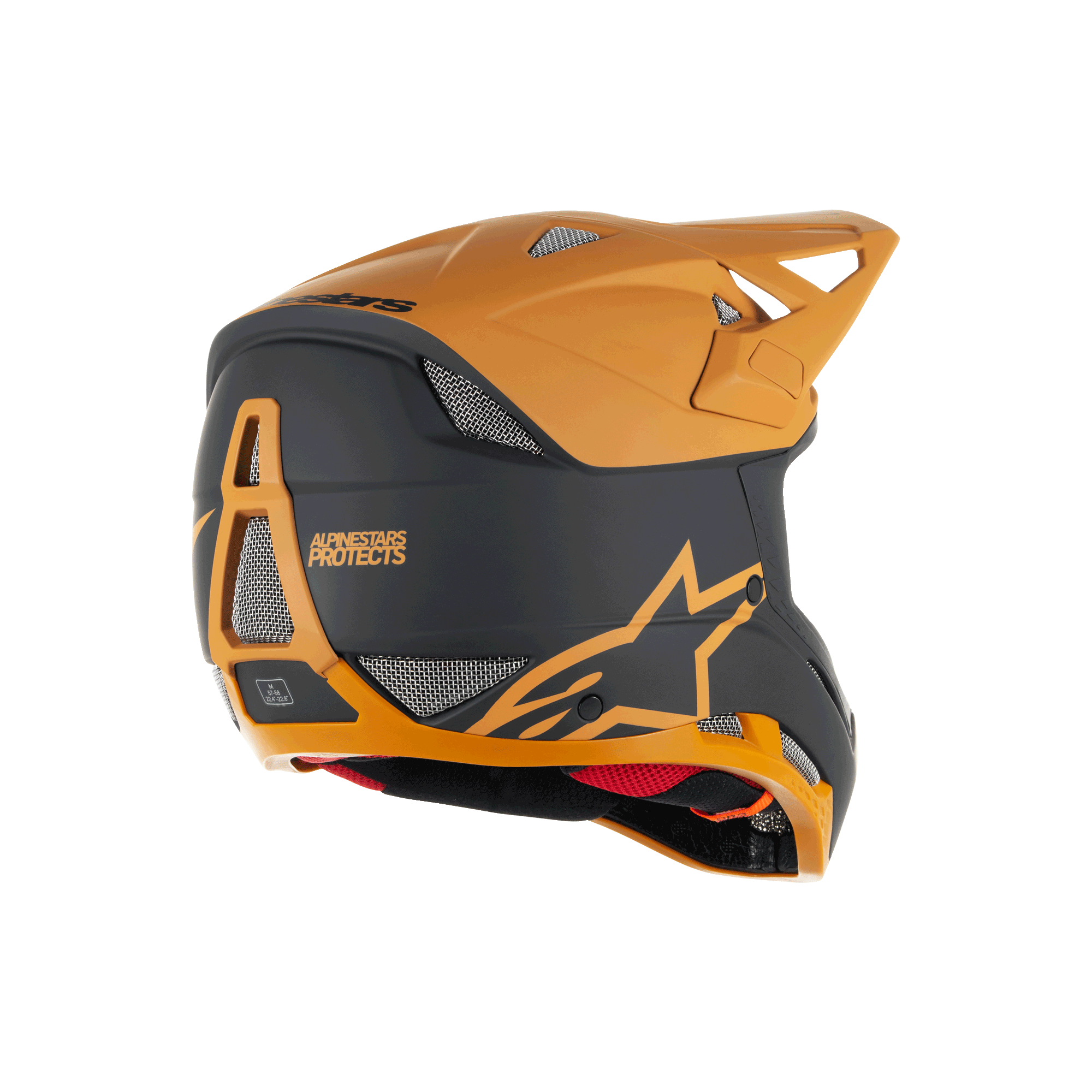 Alpinestars Missile Tech Racer Helmet, Full-Face MTB Helmet, Black and Dark Gold Matt, rear side view featuring mesh ventilation ports, aerodynamic visor, and Alpinestars Protects branding on the back, professional downhill cycling protection.