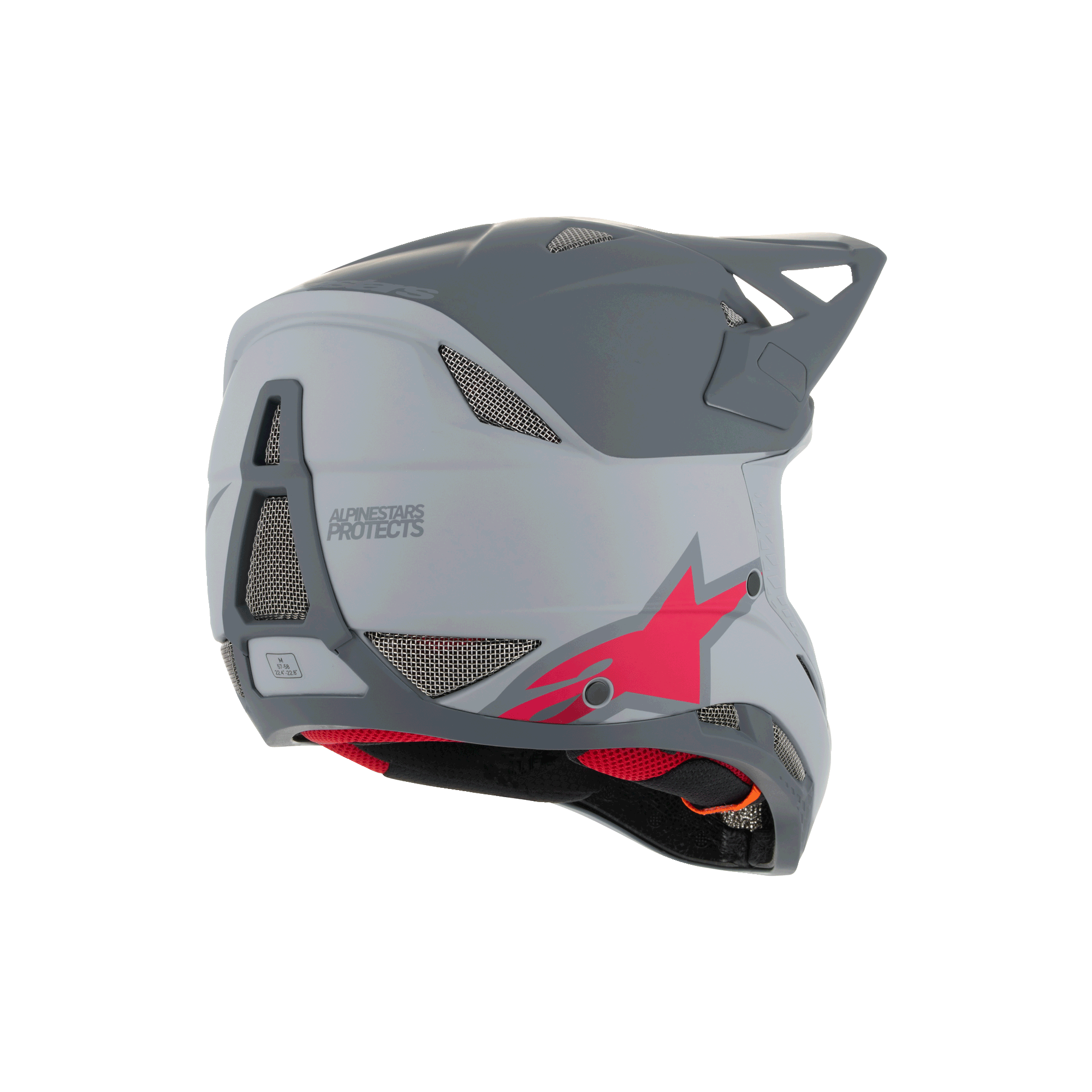 Alpinestars Missile Tech Racer Helmet, Full Face MTB Helmet, Light Gray and Dark Gray Matt with red star logo, rear-side view showing ventilation mesh and streamlined profile, downhill cycling protection