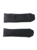 Alpinestars S-R7 Chin Strap Covers, motorcycle helmet replacement accessories, black and gray, featuring perforated panel detailing and red contrast stitching.