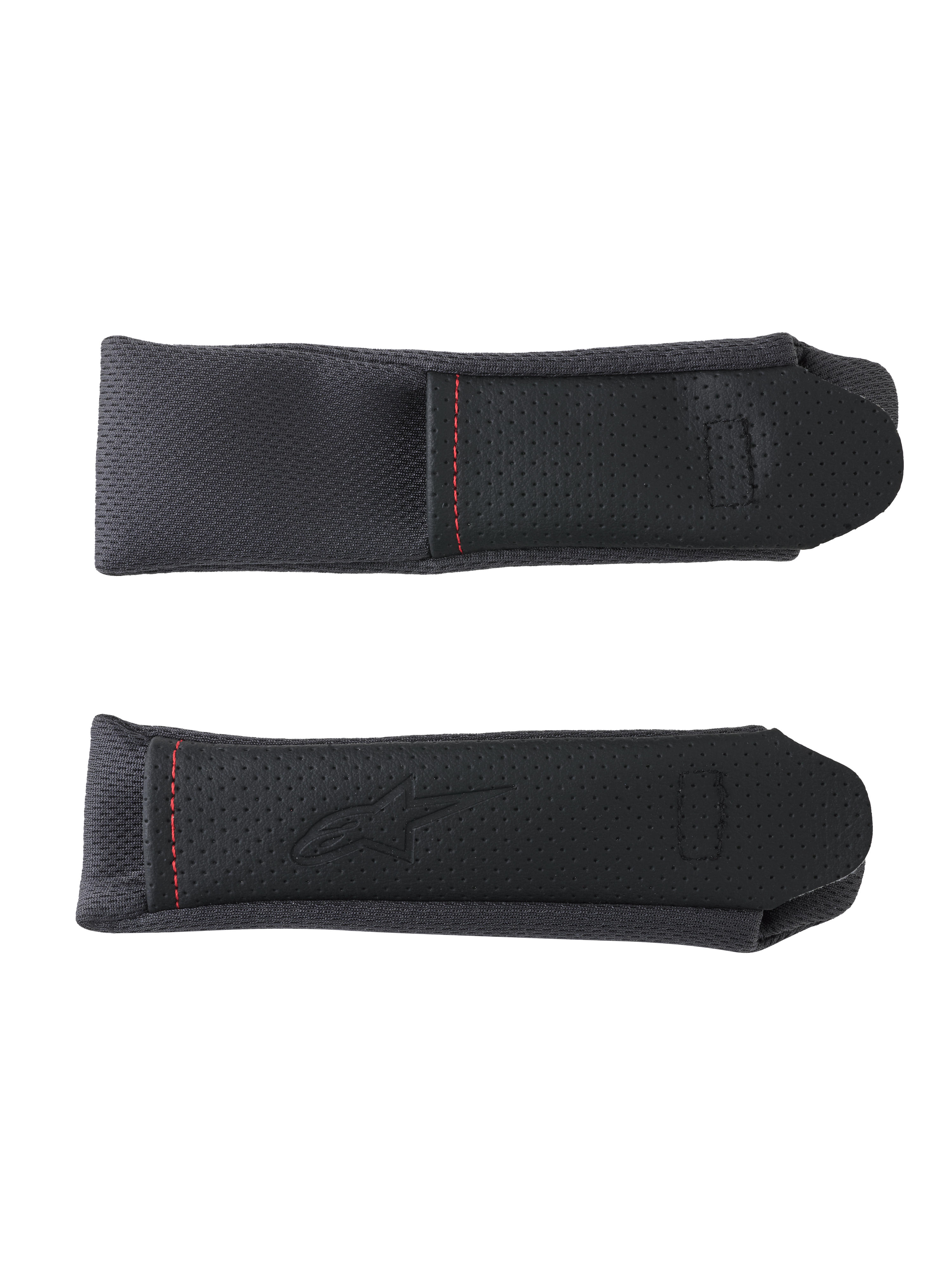 Alpinestars S-R7 Chin Strap Covers, motorcycle helmet replacement accessories, black and gray, featuring perforated panel detailing and red contrast stitching.