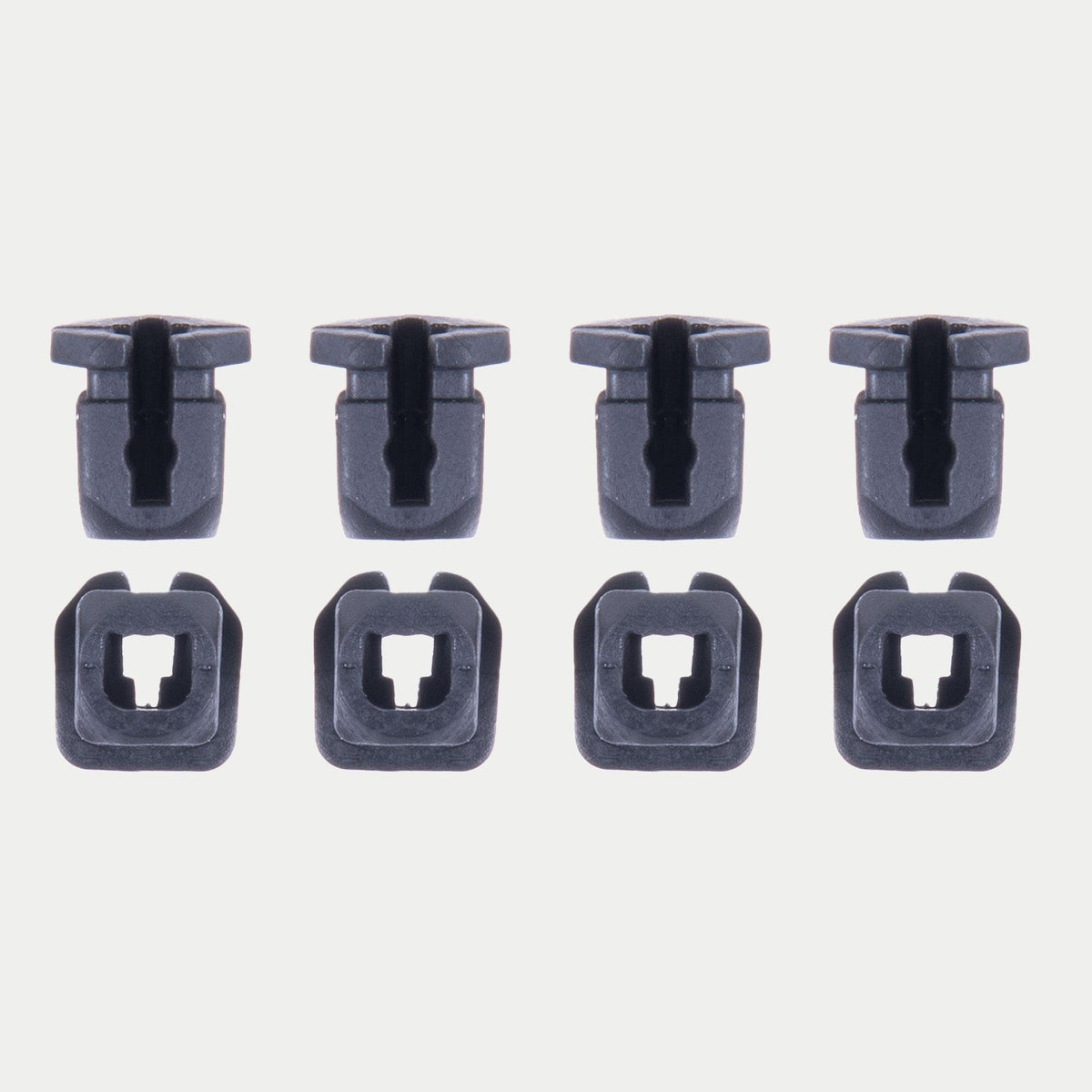 Alpinestars Supertech R10 Connector Set For Spoiler, Helmet Accessory, Black, set of eight replacement plastic connectors, featured in two rows showing side and top-down profiles, official Alpinestars replacement part for S-R10 helmets.