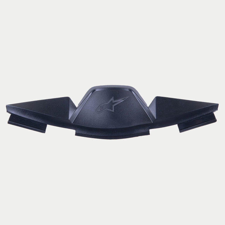 Alpinestars Supertech R10 Breath Deflector, Black Helmet Accessory, featuring an embossed star logo and angular geometric design for airflow management and visor fog reduction