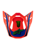 Alpinestars Supertech M10 Deegan Visor, Motocross Helmet Replacement Peak, Neon Orange with Blue and Purple accents, featuring Monster Energy claw and Alpinestars logos, angular aerodynamic design with ventilation slots, official replacement part for off-road racing helmets