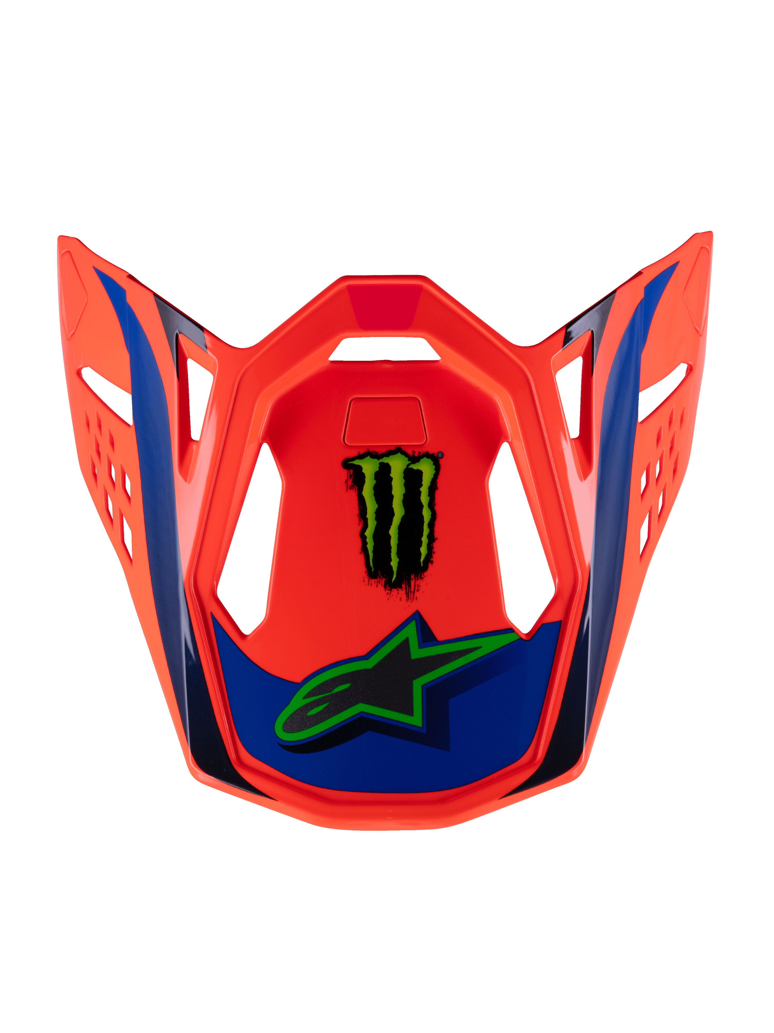 Alpinestars Supertech M10 Deegan Visor, Motocross Helmet Replacement Peak, Neon Orange with Blue and Purple accents, featuring Monster Energy claw and Alpinestars logos, angular aerodynamic design with ventilation slots, official replacement part for off-road racing helmets