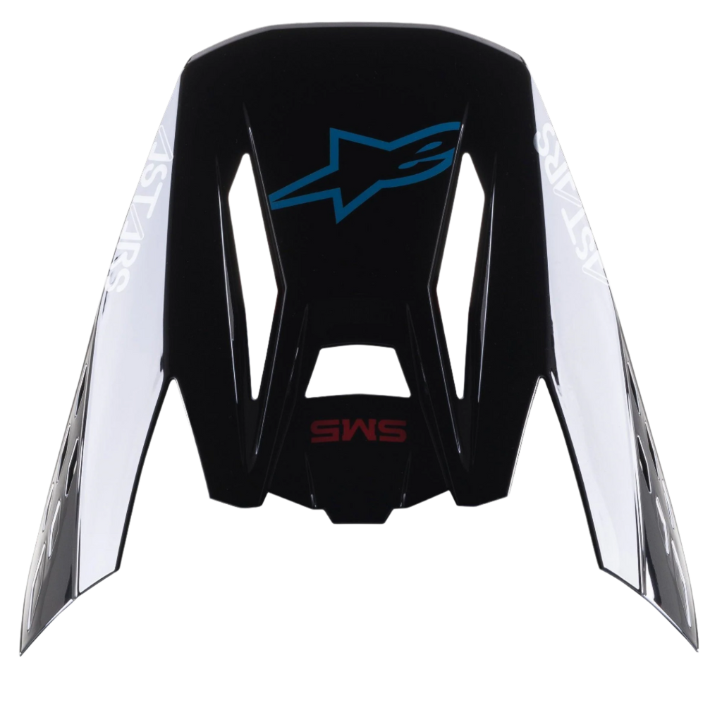 Alpinestars S-M5 Bond Helmet Visor, replacement peak for motocross helmets, Black Cyan Glossy with white Astars side branding, top view featuring blue star logo and red SM5 text