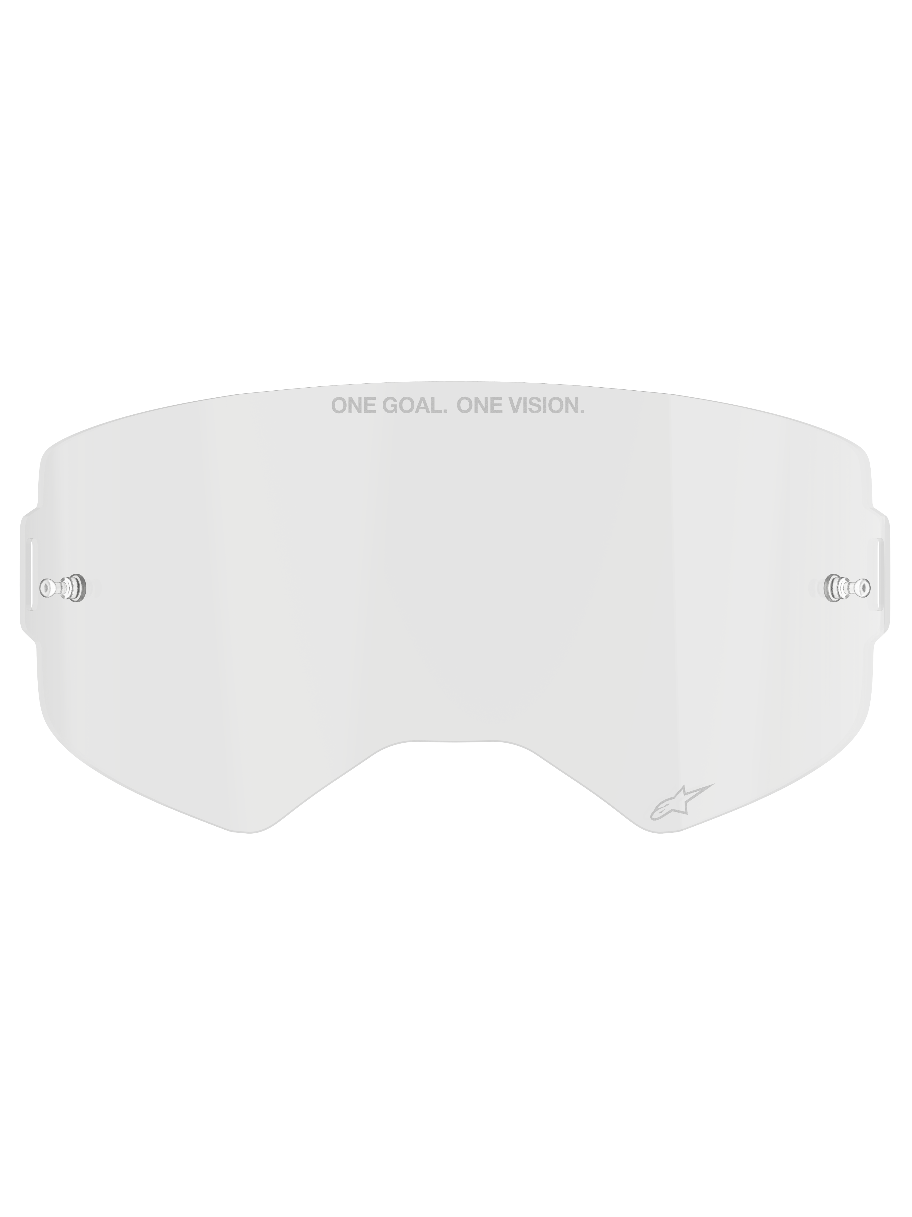 Alpinestars Supertech Clear Lens, replacement motocross goggle lens, transparent impact-resistant polycarbonate, "ONE GOAL. ONE VISION." text on top and small logo detail, features side mounting points for tear-offs