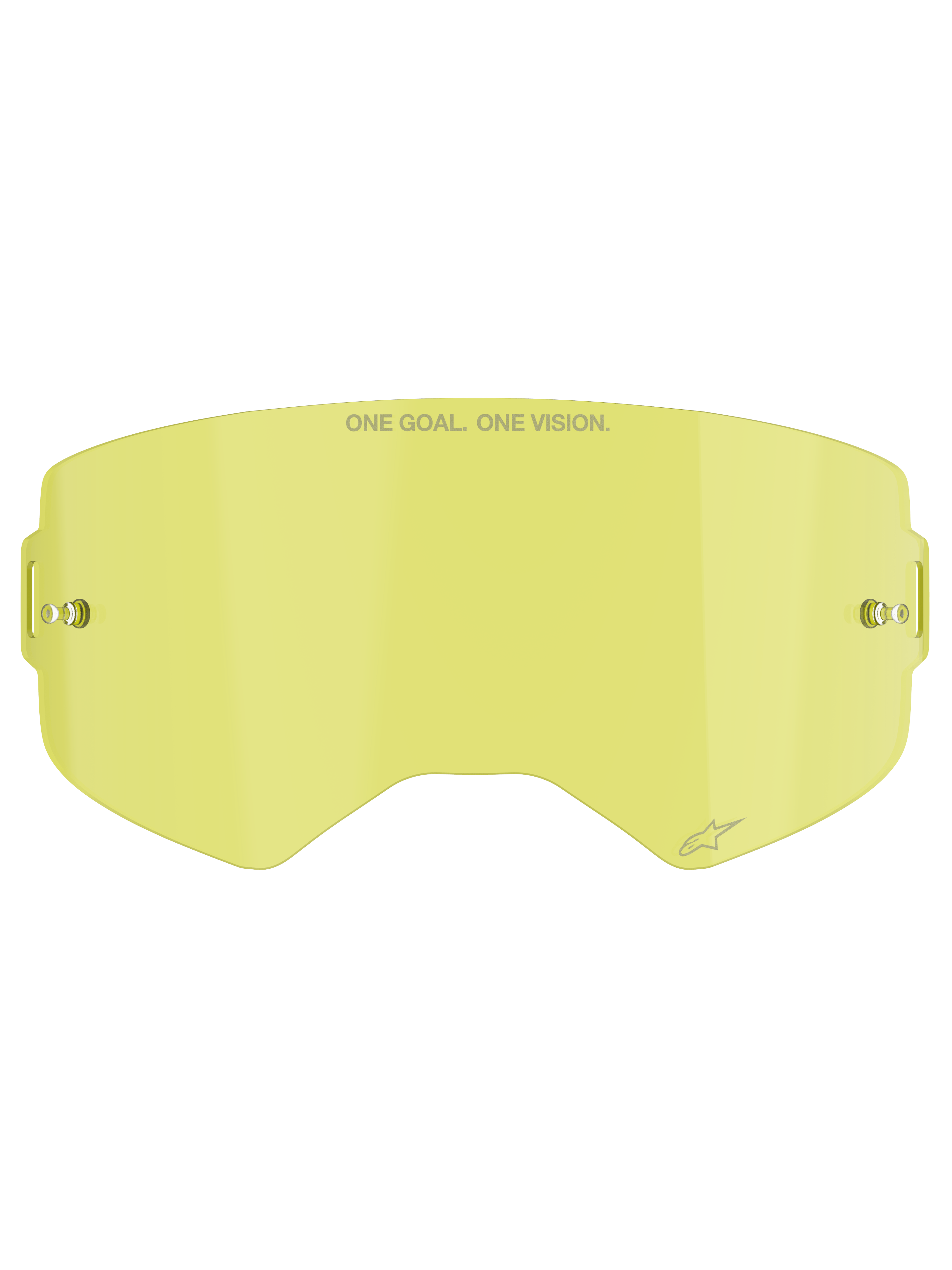 Alpinestars Supertech Clear Lens, Motocross Goggle Replacement Lens, Yellow tint, featuring "ONE GOAL. ONE VISION." branding, integrated tear-off posts, transparent impact-resistant polycarbonate construction.