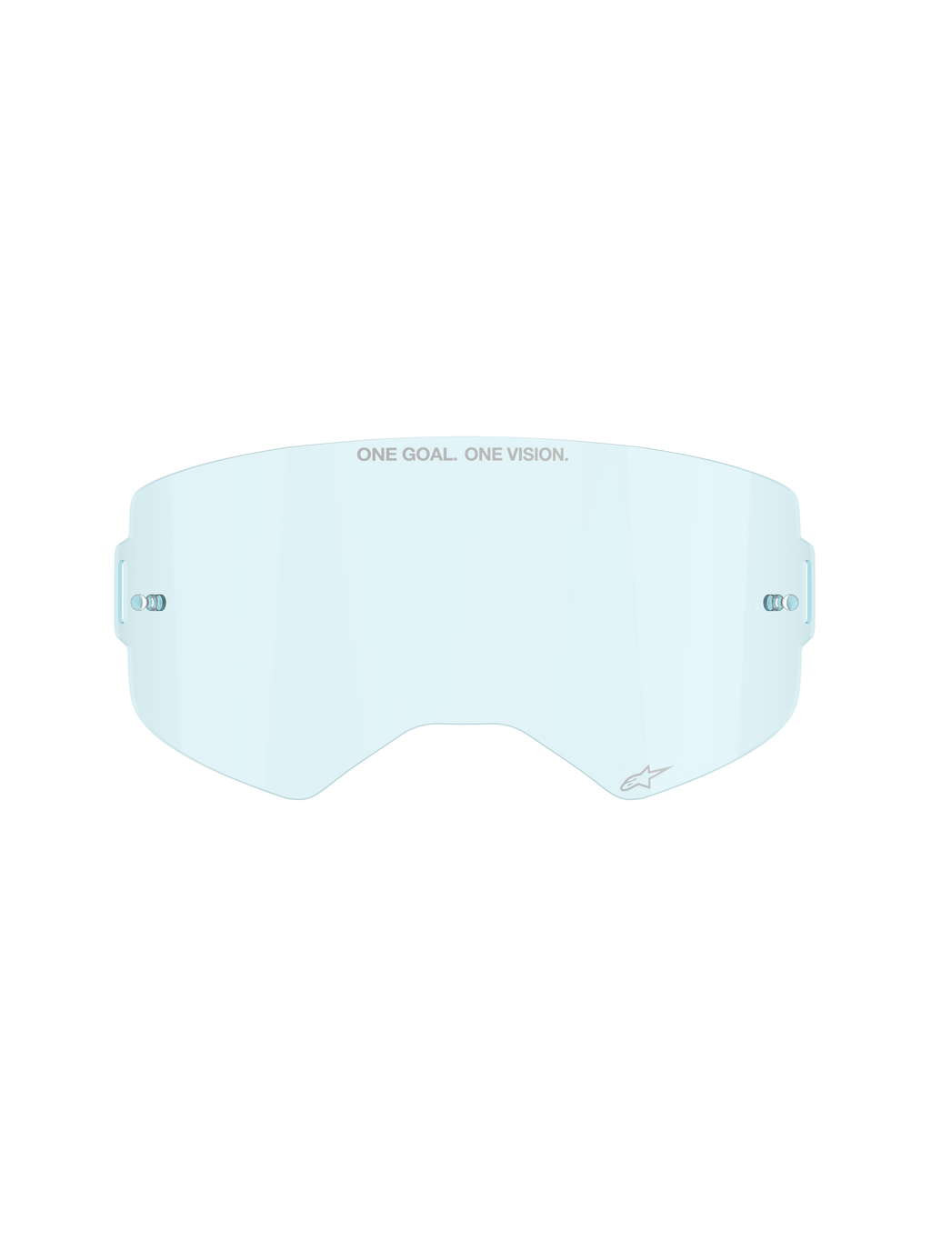 Alpinestars Supertech Clear Lens in Clear Blue, replacement lens for motocross goggles, featuring ONE GOAL ONE VISION branding and integrated tear-off posts, curved impact-resistant polycarbonate design