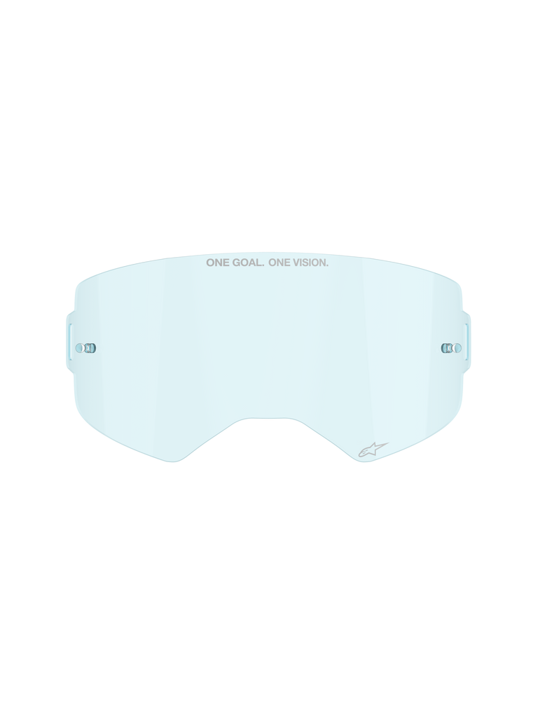 Alpinestars Supertech Clear Lens in Clear Blue, replacement lens for motocross goggles, featuring ONE GOAL ONE VISION branding and integrated tear-off posts, curved impact-resistant polycarbonate design