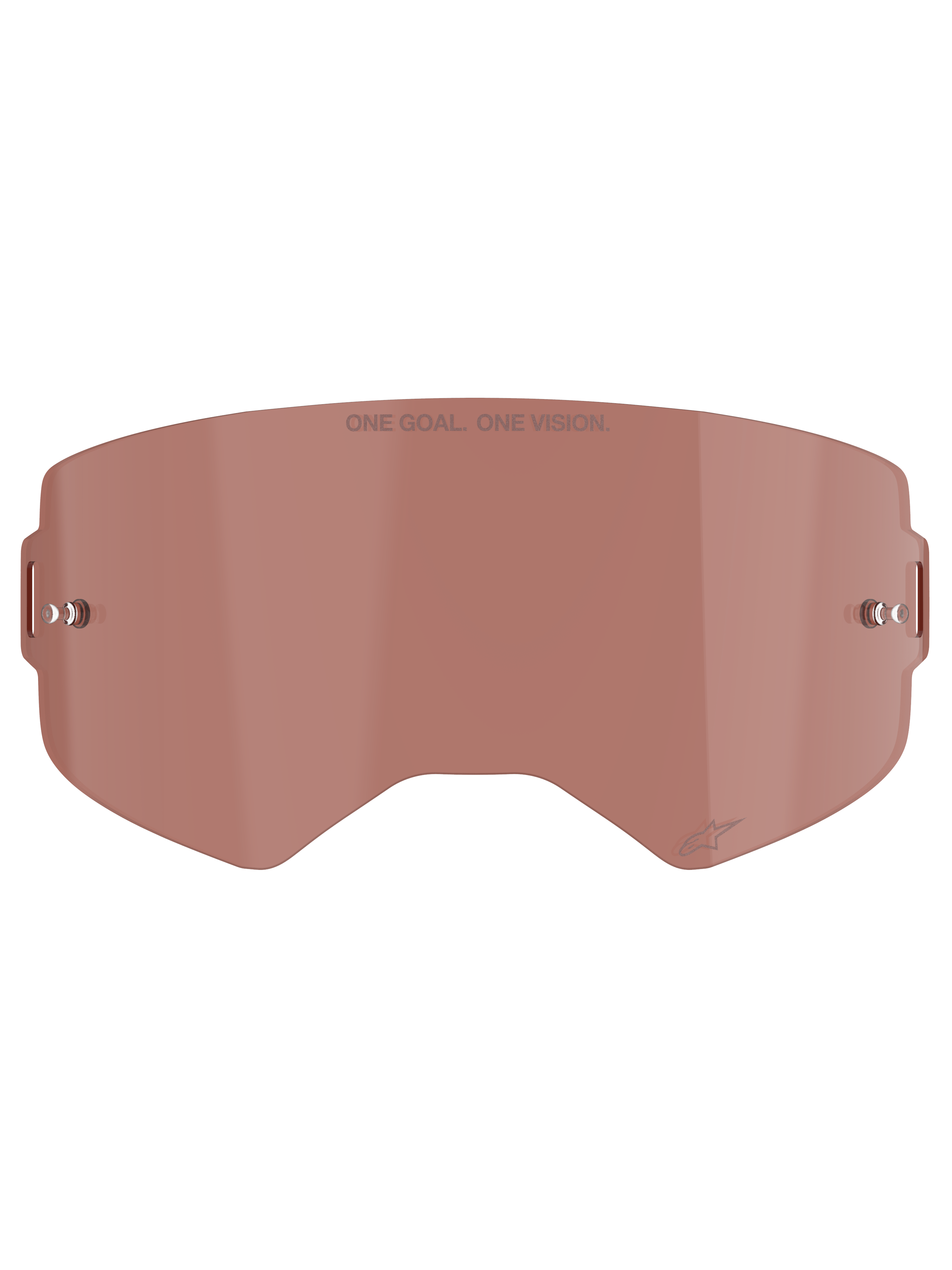 Alpinestars Supertech Goggle Lens, Copper Rose Tinted, injection-molded polycarbonate shield with built-in metal tear-off posts, featuring "ONE GOAL. ONE VISION." branding, off-road and motocross racing accessory