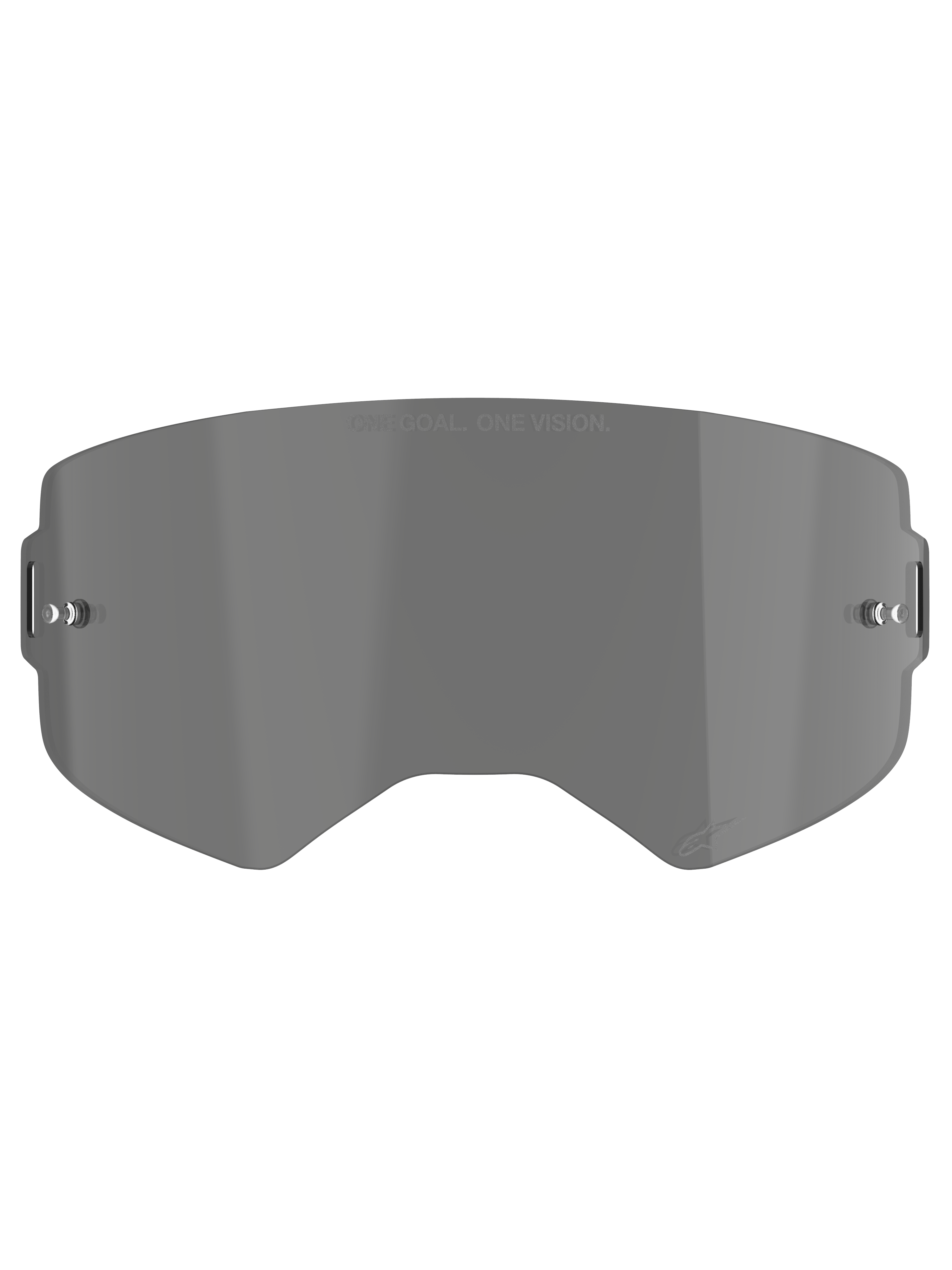 Alpinestars Supertech Smoke Lens, Dark Smoke replacement lens for motocross goggles, curved injection-molded polycarbonate shield with tear-off posts, featuring 'ONE GOAL. ONE VISION.' branding and Alpinestars star logo