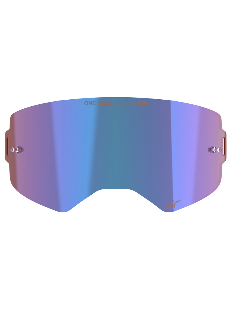 Alpinestars Supertech Mirror Lens, Motocross Goggle Accessory, Mirror Blue with purple hues, featuring Absolute Vision™ technology, integrated tear-off posts, and 'ONE GOAL. ONE VISION.' slogan across the top.
