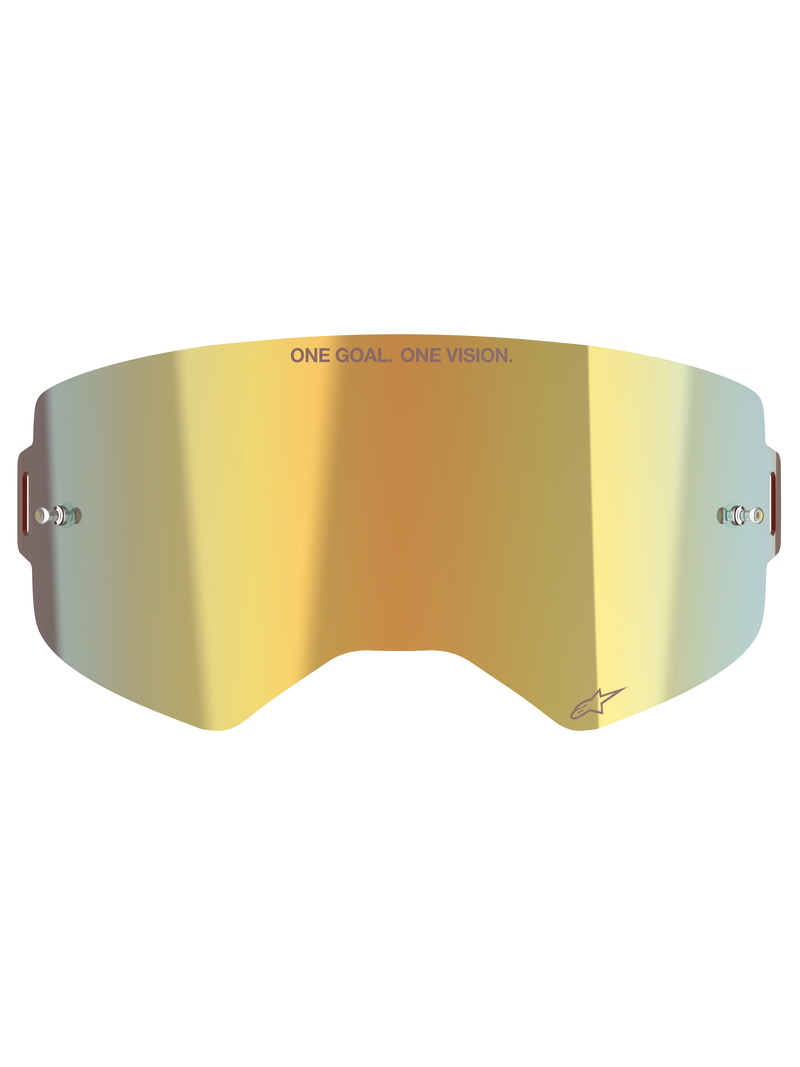Alpinestars Supertech Mirror Lens, Motocross Goggle Replacement Lens, Mirror Gold finish, featuring 'ONE GOAL. ONE VISION.' text and Alpinestars logo, includes side tear-off posts, durable polycarbonate for off-road racing