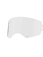 Alpinestars Supertech Roll Off Lens, Clear Goggle Accessory, Transparent injection-molded polycarbonate with horizontal glide lines, features small Alpinestars logo, official replacement part for Supertech Wide Vision goggles