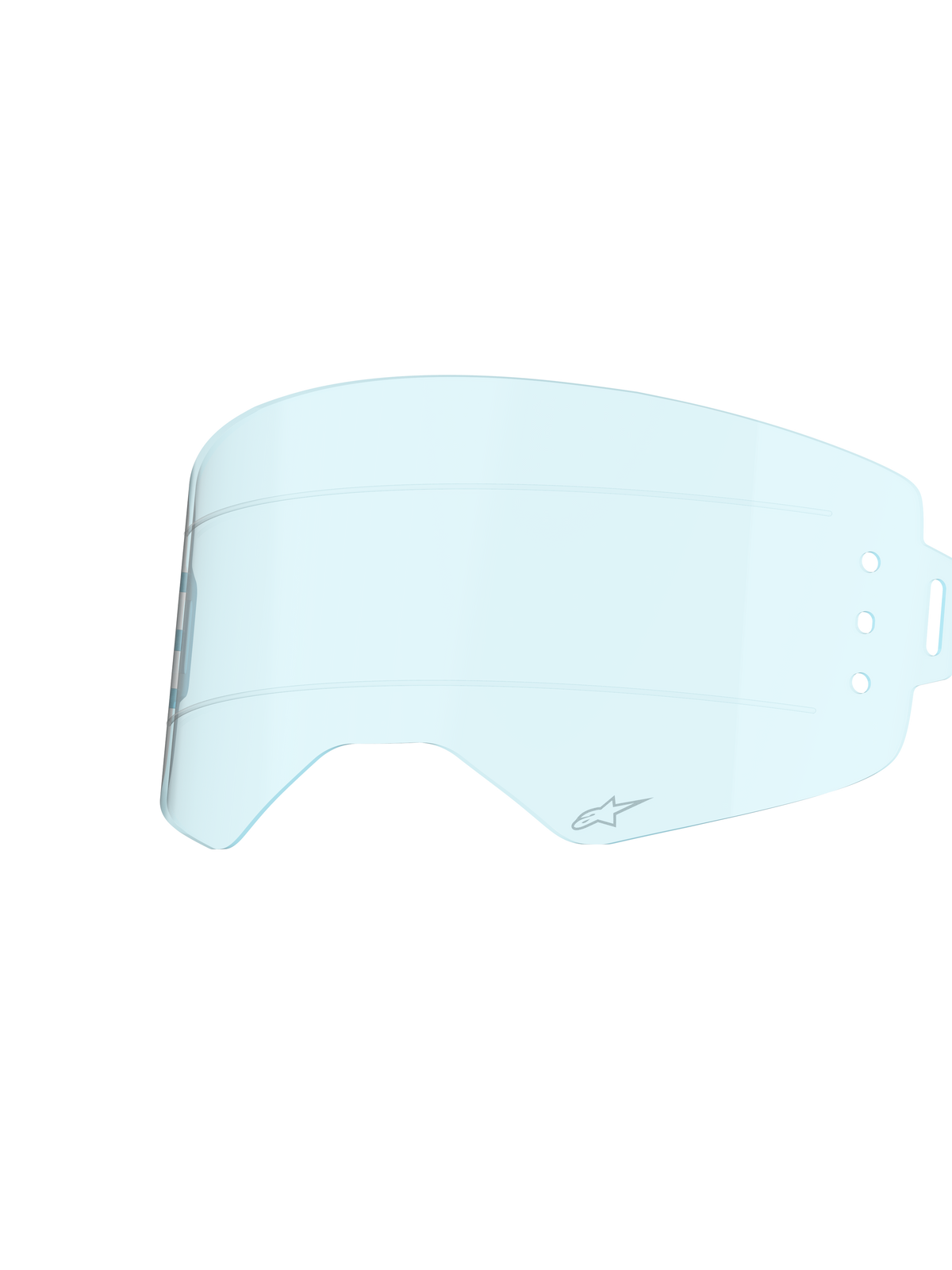 Alpinestars Supertech Wide Vision Roll-Off Lens, Clear Blue tint, injection-molded polycarbonate construction, featuring horizontal silicone glide lines and A-star logo, replacement lens for motocross goggles designed for off-road visibility.