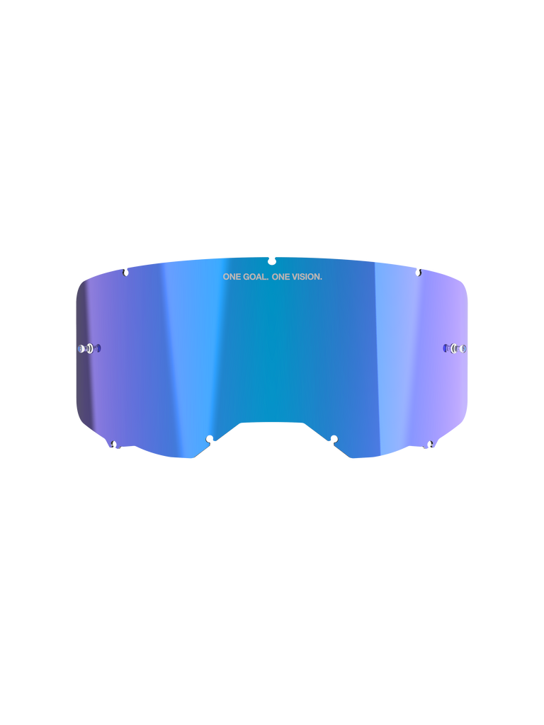 Alpinestars Vision 8-5-3 Mirror Lens, Goggle Accessory, Mirror Blue with purple gradient, reflective mirror finish, featuring 'ONE GOAL. ONE VISION.' branding, curved polycarbonate design with attachment notches and tear-off posts for motocross goggles