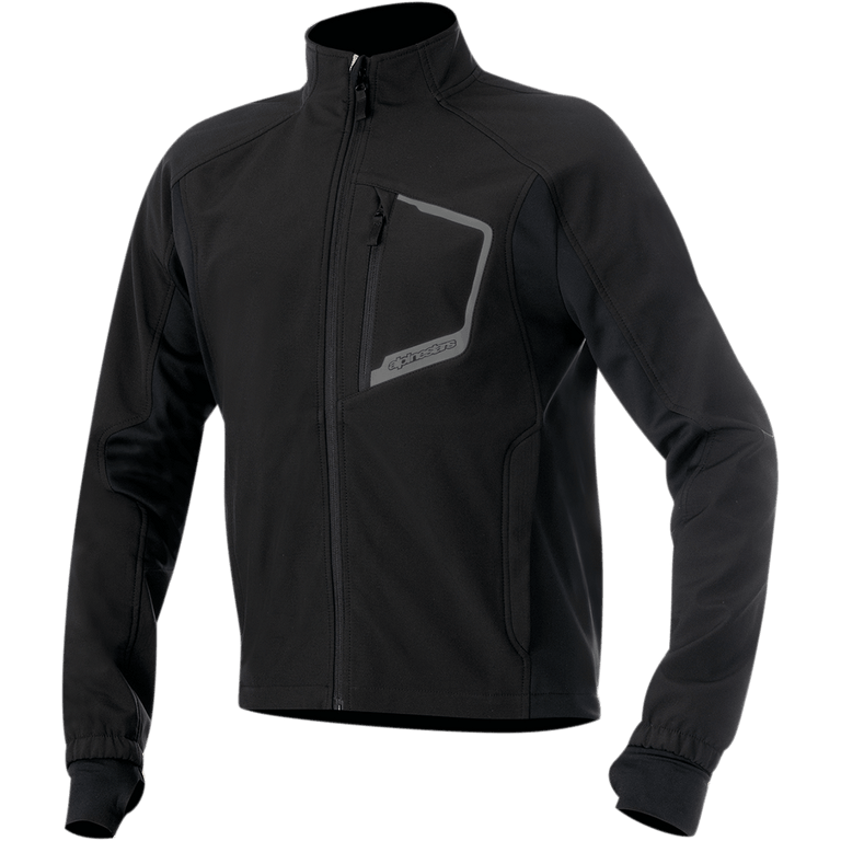 Alpinestars Tech Layer Top, Black Motorcycle Base Layer Jacket, Long Sleeves with seamless Lycra cuffs and thumb loops, High Collar, Vertical zippered chest pocket with reflective gray border and Alpinestars branding, Full-length front zipper, Technical windproof fabric