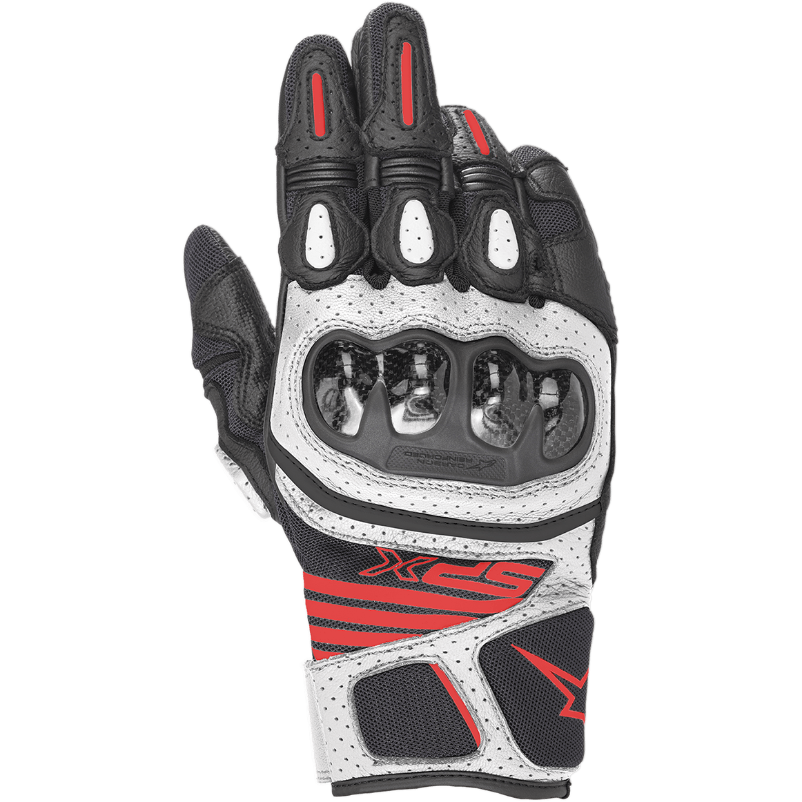 Alpinestars SPX AC V2 Gloves, Motorcycle Sport Gloves, Black White and Red Fluorescent, Carbon Fiber Knuckle Protection, Perforated Leather and Mesh Panels, SPX Branding on Wrist