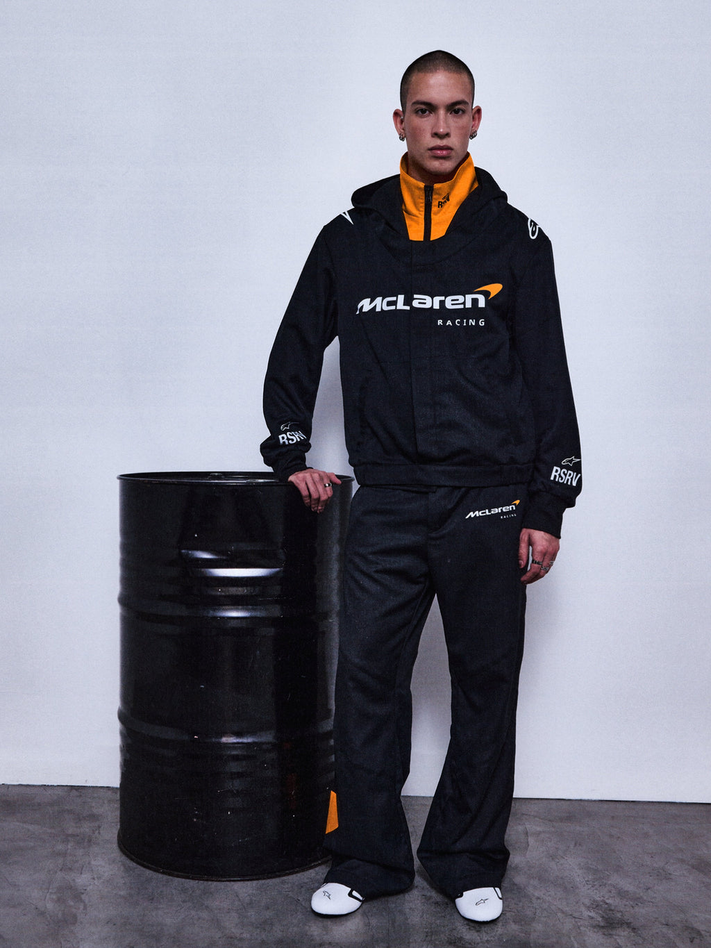 RSRV Arena Suit Jacket, Black Motorsport Jacket with Orange Lining, McLaren Racing Collaboration, Premium Streetwear, Unisex