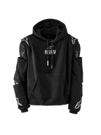 Alpinestars RSRV Armor Hoodie, Black, Premium Streetwear with Integrated Protection, Mesh Shoulder Panels, Elbow Pads, White RSRV Branding, Star and Flame Graphics on Sleeves