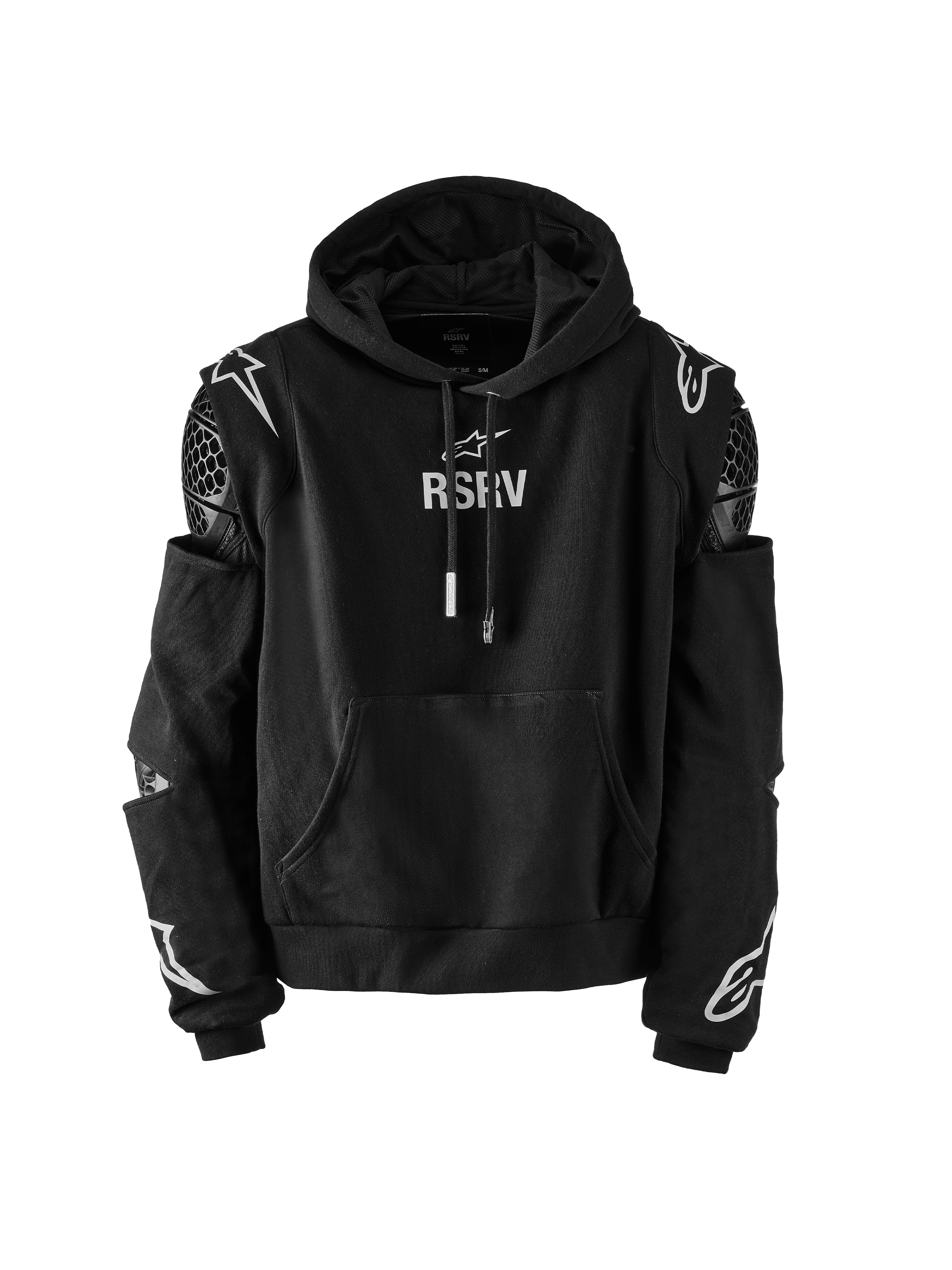 Alpinestars RSRV Armor Hoodie, Black, Premium Streetwear with Integrated Protection, Mesh Shoulder Panels, Elbow Pads, White RSRV Branding, Star and Flame Graphics on Sleeves