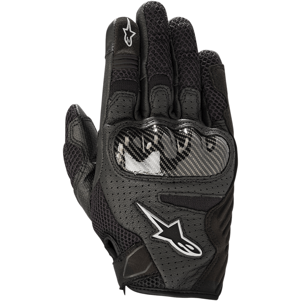 Women's Alpinestars Stella SMX-1 Air V2 Gloves, Black, Motorcycle Riding Gloves, featuring perforated leather and breathable mesh, carbon fiber-style knuckle protection, white Alpinestars star logos, sport-oriented short cuff design