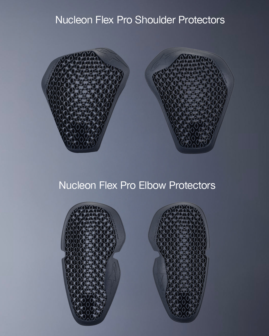 Black Alpinestars Nucleon Flex Pro shoulder and elbow protectors for Cusco Drystar Jacket, featuring cellular mesh impact armor.