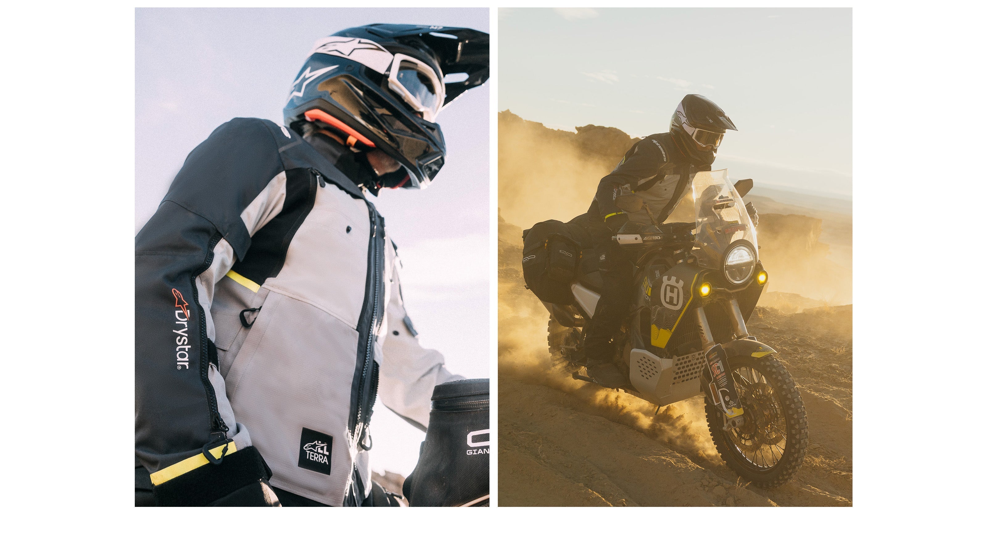 Alpinestars Cusco Drystar® Jacket, gray and black textile gear for adventure motorcycle touring in dusty desert terrain.
