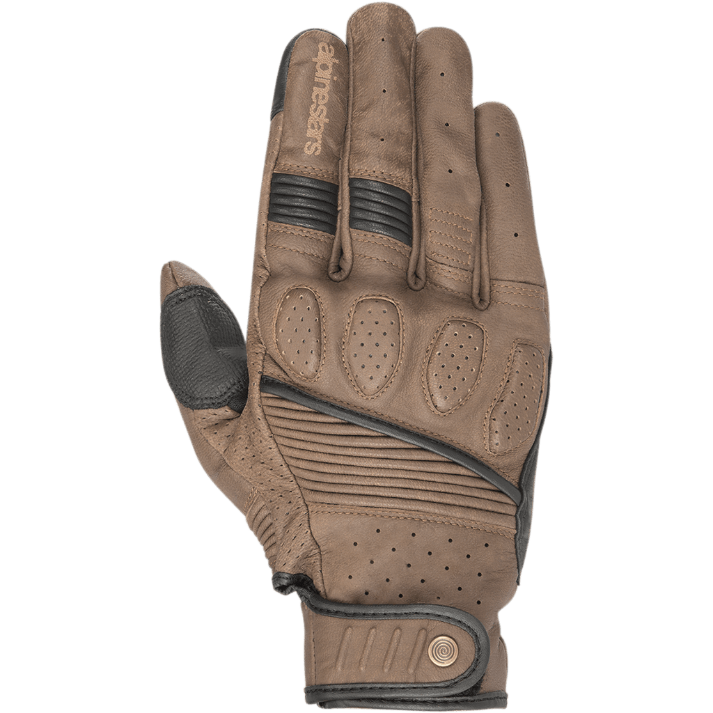 Alpinestars Crazy Eight Gloves, Brown and Black Motorcycle Gloves, premium perforated leather construction, padded knuckle protection, accordion stretch panels, heritage-style snap button wrist closure, urban riding gear