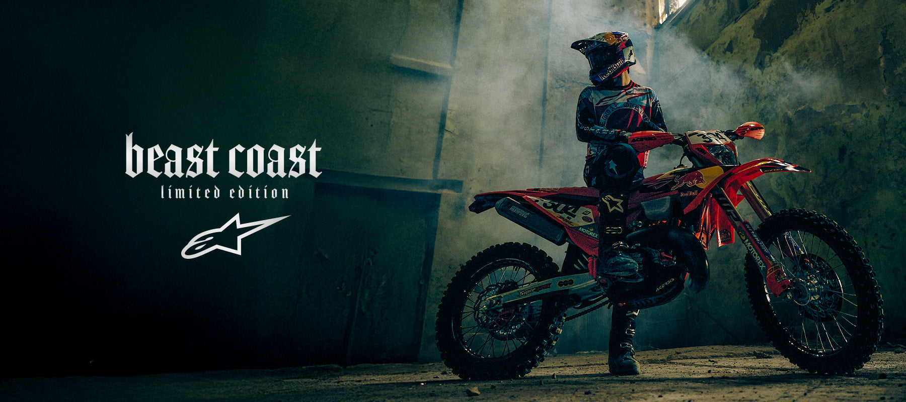 Alpinestars Limited Edition Techstar Beast Coast Gear Set, Jersey, AND Pants, black and hot orange motocross gear on rider.