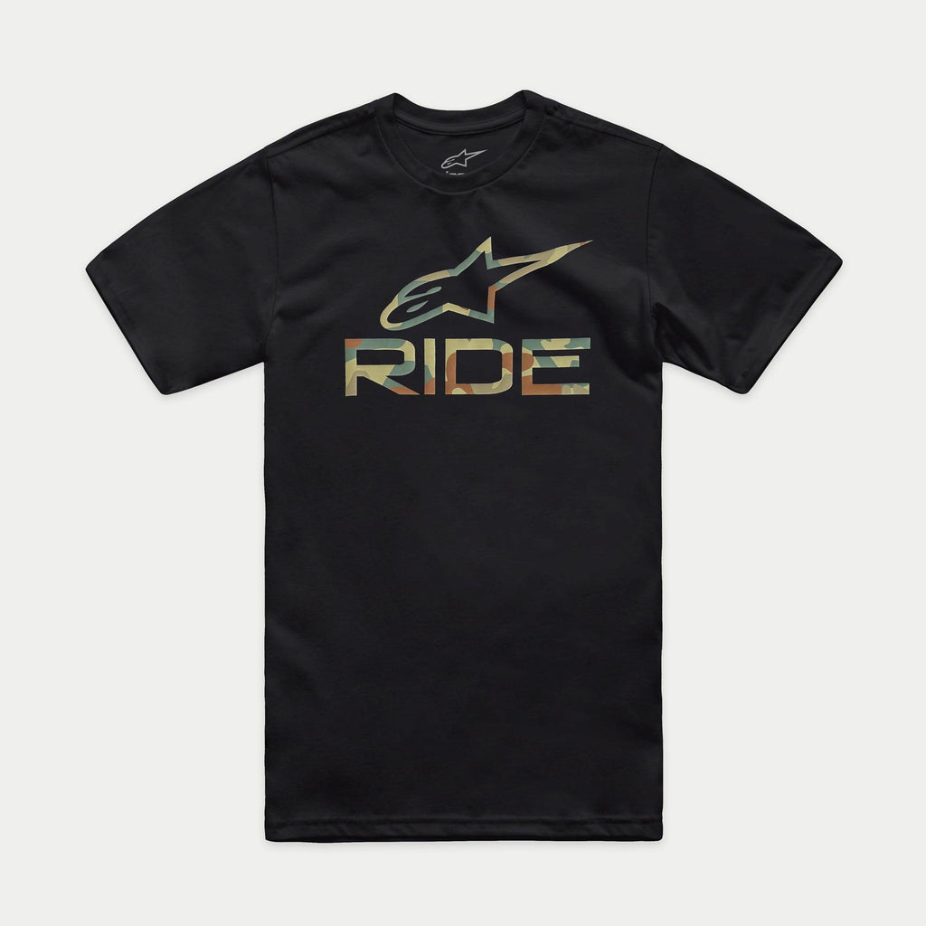 Alpinestars Ride 4.0 Camo CSF Tee, Short Sleeve T-Shirt, Black, Front Camouflage Fill Alpinestars Logo and RIDE Text, Casual Motorsport Streetwear