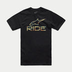 Alpinestars Ride 4.0 Camo CSF Tee, Short Sleeve T-Shirt, Black, Front Camouflage Fill Alpinestars Logo and RIDE Text, Casual Motorsport Streetwear