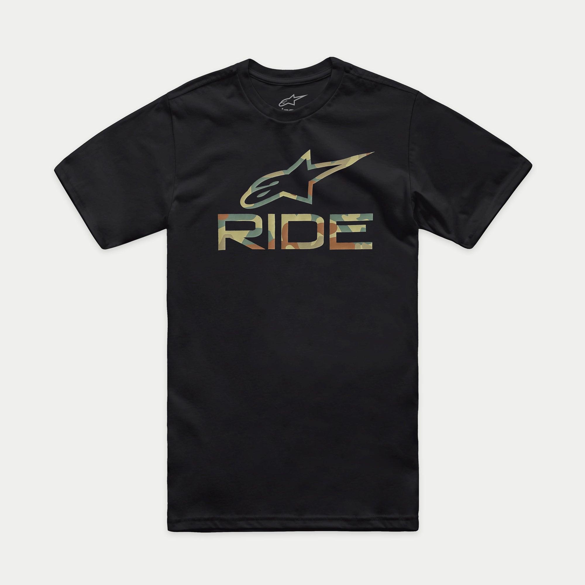 Alpinestars Ride 4.0 Camo CSF Tee, Short Sleeve T-Shirt, Black, Front Camouflage Fill Alpinestars Logo and RIDE Text, Casual Motorsport Streetwear