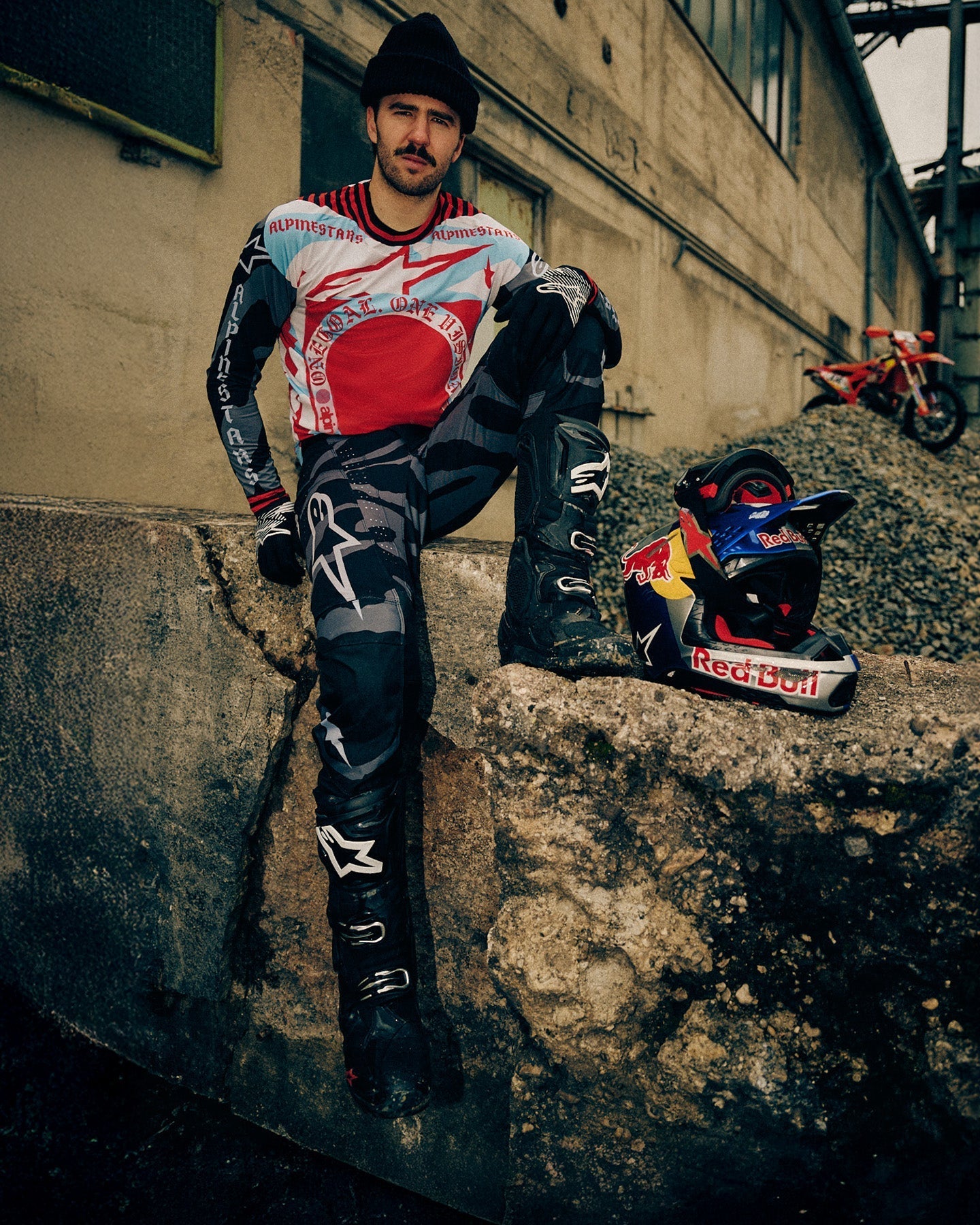 Alpinestars Limited Edition Techstar Beast Coast Jersey and Pants, men's black and orange motocross gear with graphic prints.