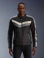 Alpinestars T-Dyno WR Jacket, textile motorcycle jacket, Black Dark Gray and Ecru, featuring chevron stripe patterns on the chest and arms, vintage-inspired biker fit with stand-up collar, urban contemporary road gear