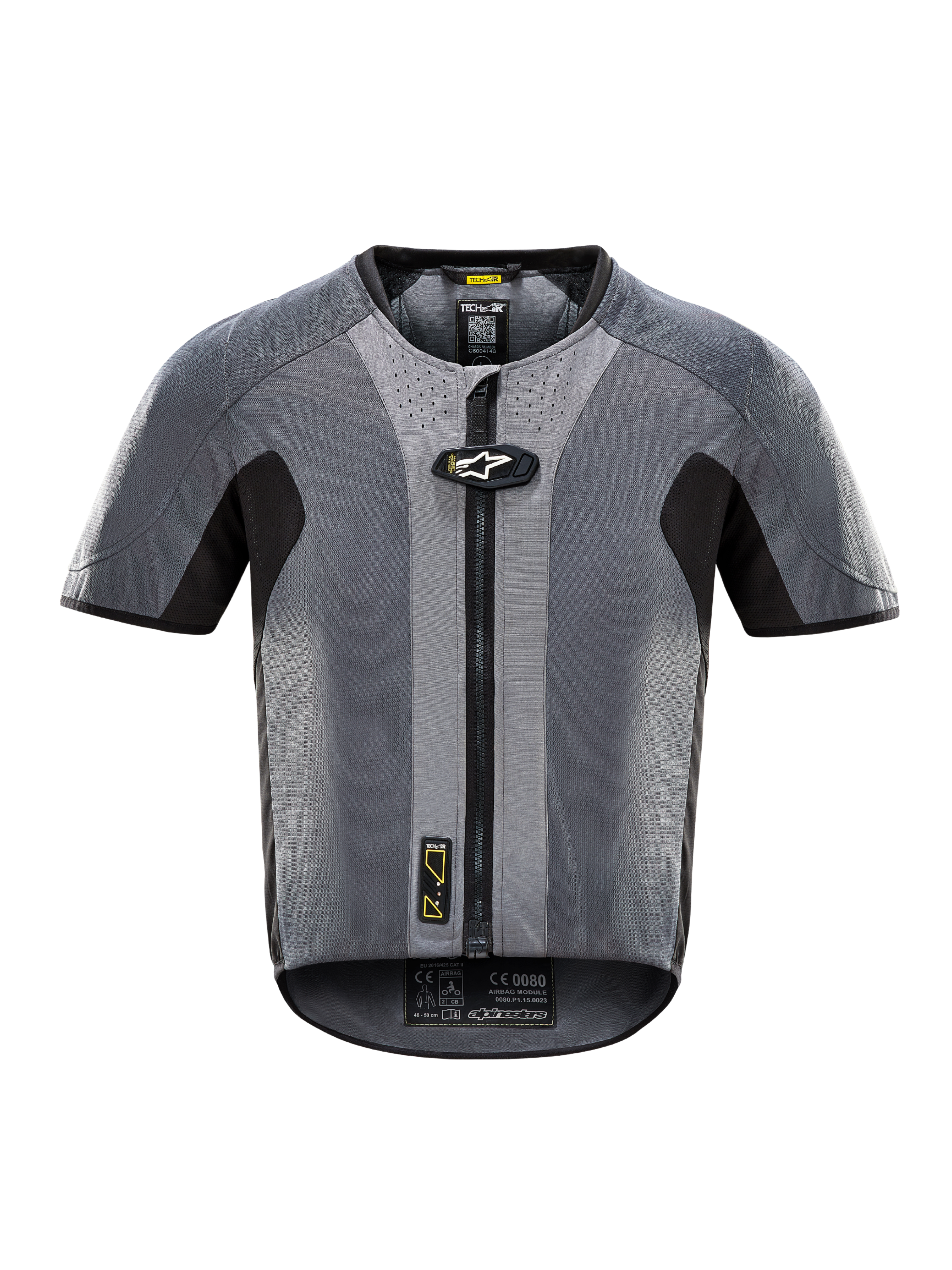 Tech-Air 5 System, dark gray and black motorcycle electronic airbag vest with front zipper and autonomous safety.