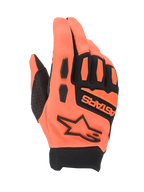 Alpinestars Full Bore Gloves, Motocross Gloves, Orange and Black, featuring breathable stretch fabric, TPR knuckle protection, Alpinestars star logo and ASTARS branding on the backhand, sporty off-road design for airflow and protection