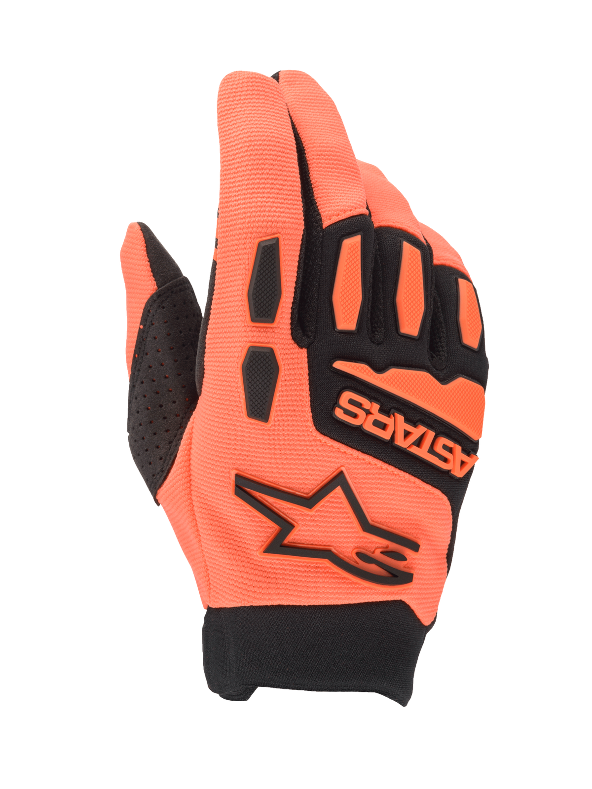 Alpinestars Full Bore Gloves, Motocross Gloves, Orange and Black, featuring breathable stretch fabric, TPR knuckle protection, Alpinestars star logo and ASTARS branding on the backhand, sporty off-road design for airflow and protection