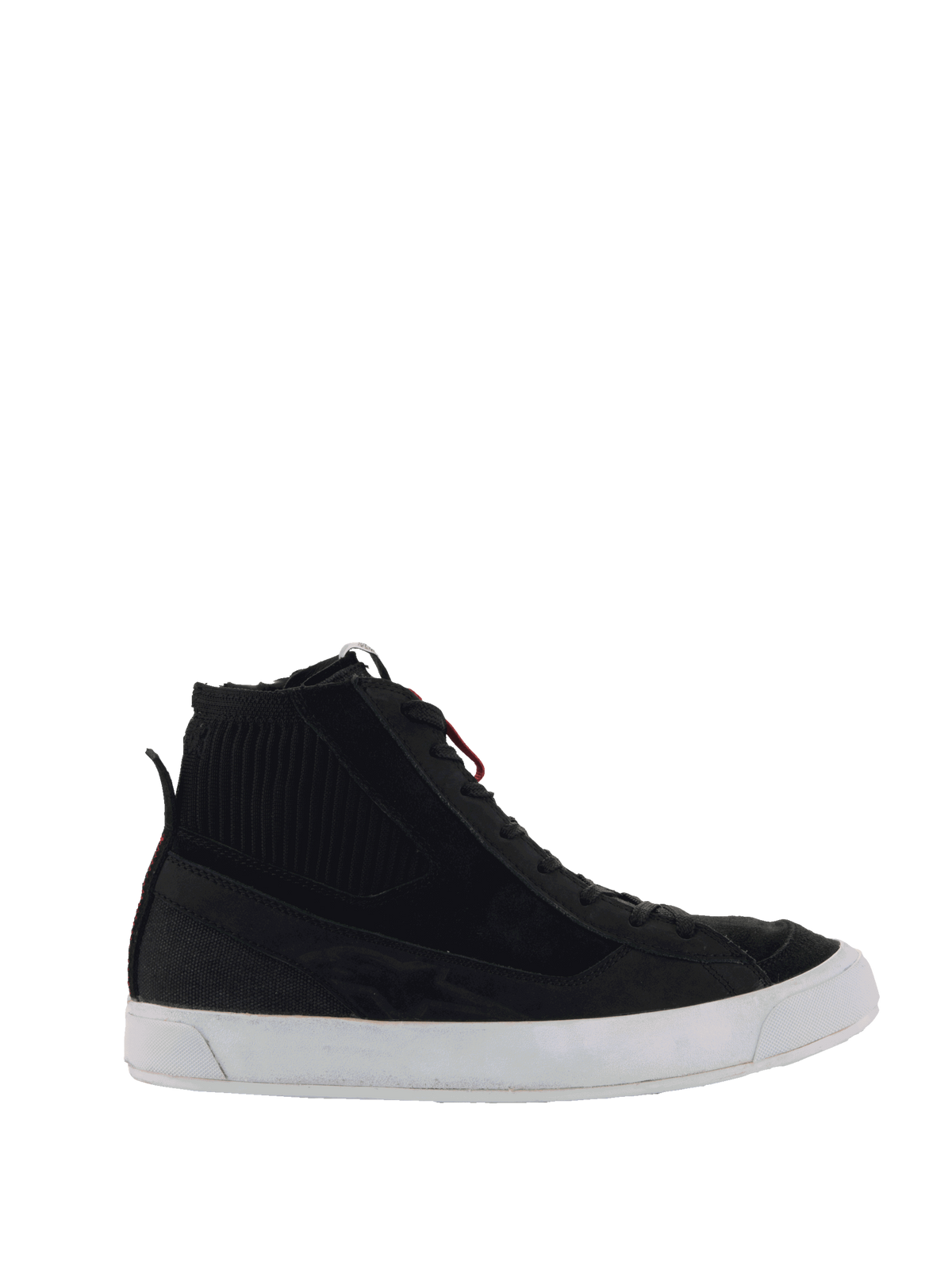 Alpinestars Stated Shoes, black urban motorcycle sneakers with a knitted ankle collar and white vulcanized sole.