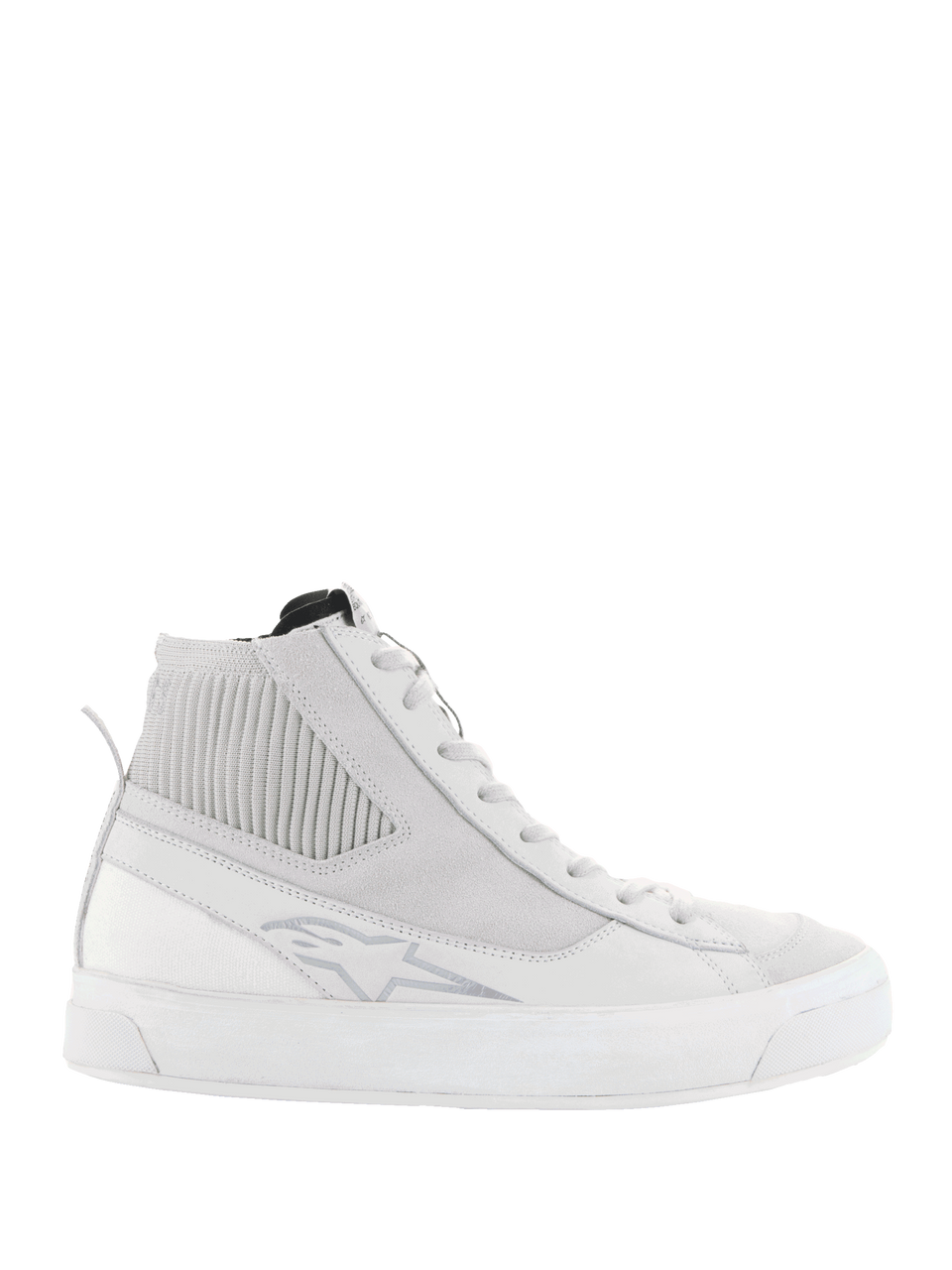 Alpinestars Stella Stated Podium Shoes, Women's High-Top Riding Sneakers, White and Cool Gray, featuring a thick white vulcanized sole, ribbed textile ankle panel, lace-up closure, and subtle logo detail, retro urban skate-inspired design
