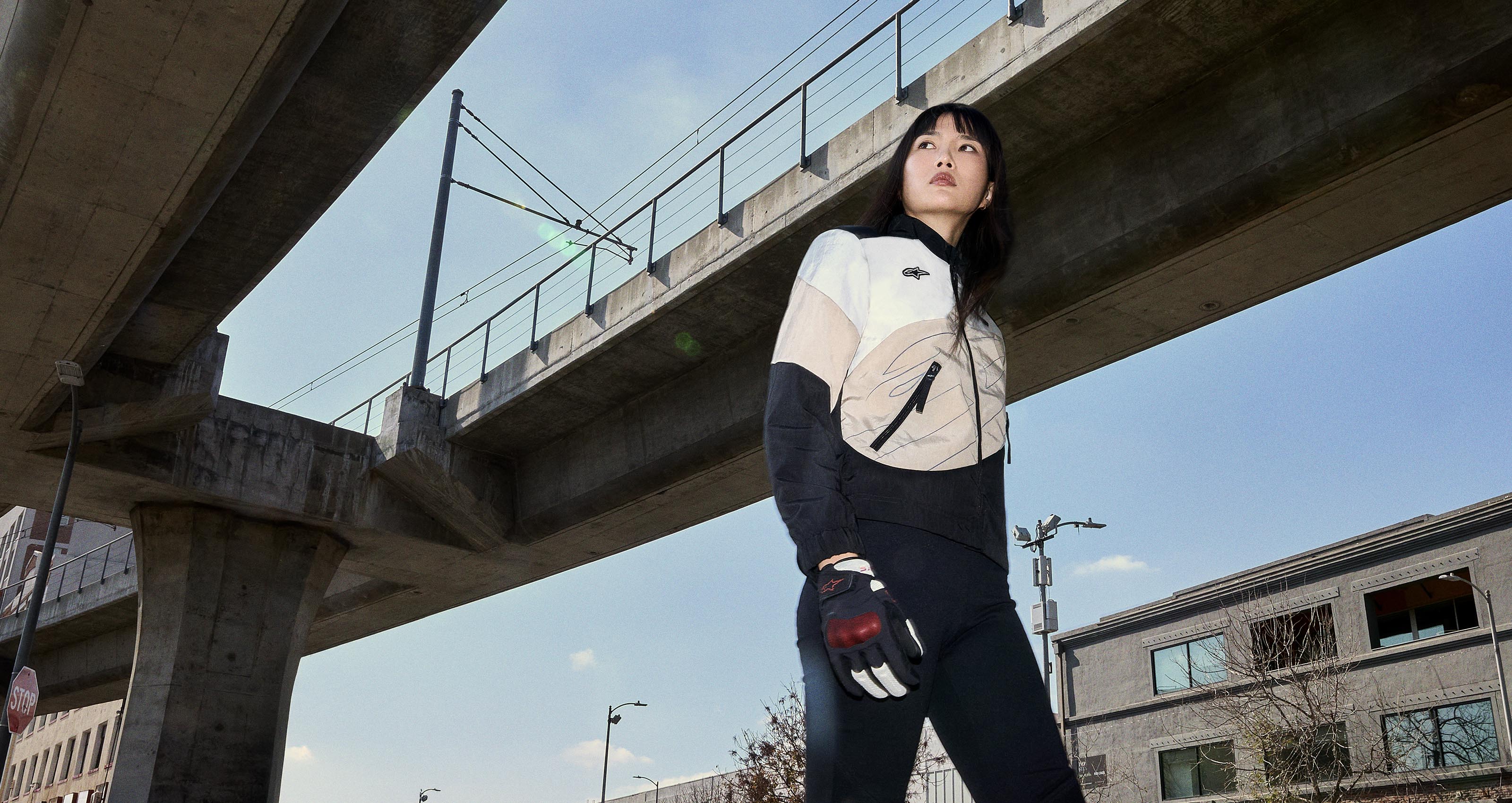 Alpinestars Stella Moshell Jacket, women's urban riding jacket, black and sand recycled windproof textile, city style.