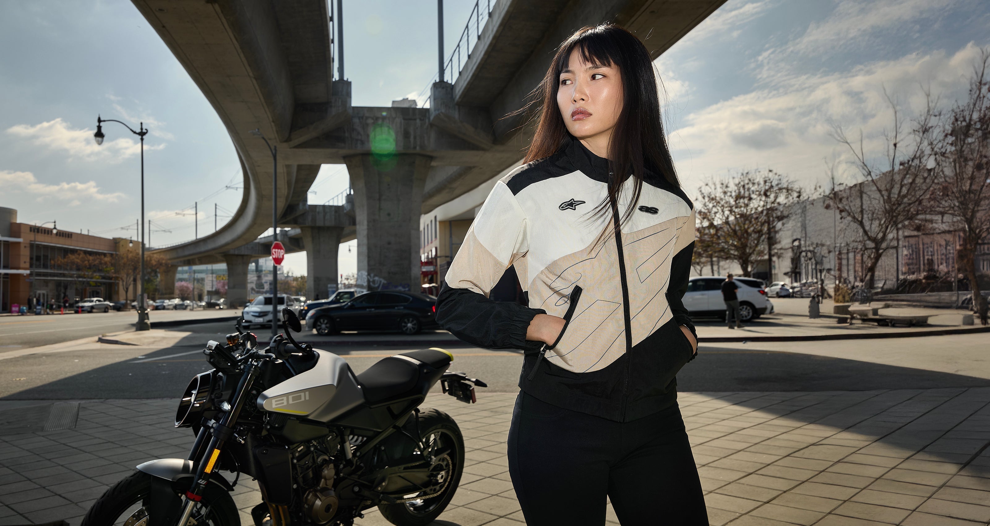 Alpinestars Stella Moshell Jacket, women's black and sand urban motorcycle jacket with asymmetrical design.