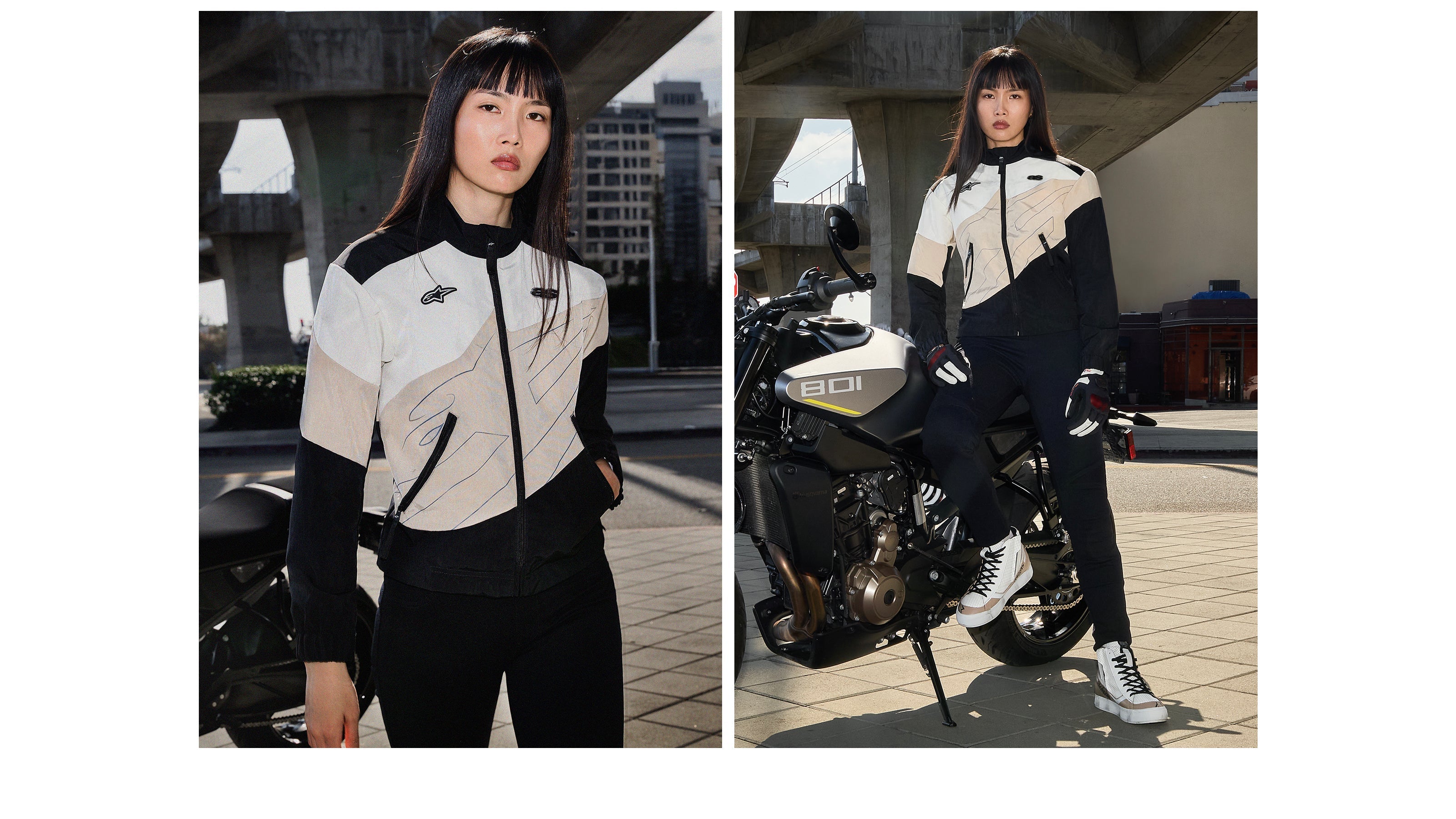 Alpinestars Stella Moshell Jacket, Women's Urban Motorcycle Jacket, Black and Sand, Tech-Air Ready, modeled on a motorcycle.