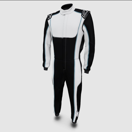 Alpinestars Tech Vision V3 Custom Suit, black and white auto racing suit with blue accents and fire-retardant Nomex.